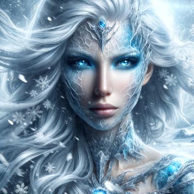 The primary subject of the image is a woman with white hair and blue eyes. She is wearing a white dress and has a blue and white design on her face. The setting is a snowy environment, with snowflakes visible in the background. The visual style is digital art, and the colors and mood are cold and serene.